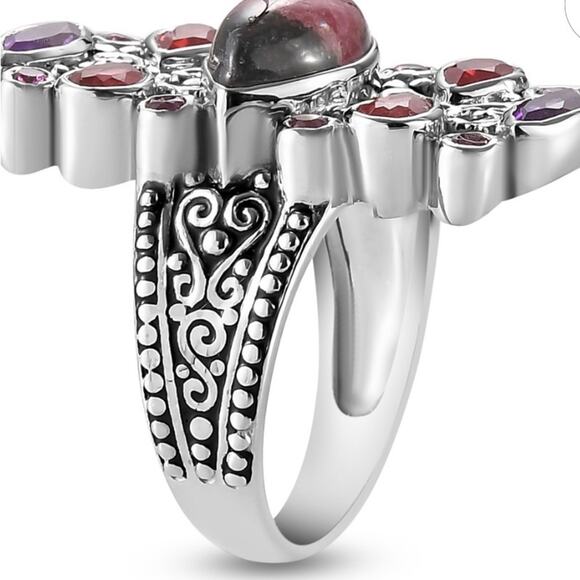 Rhodonite and Multi Gemstone Ring, Size 8, Platinum over Sterling Silver 4.7 ctw - Picture 4 of 6